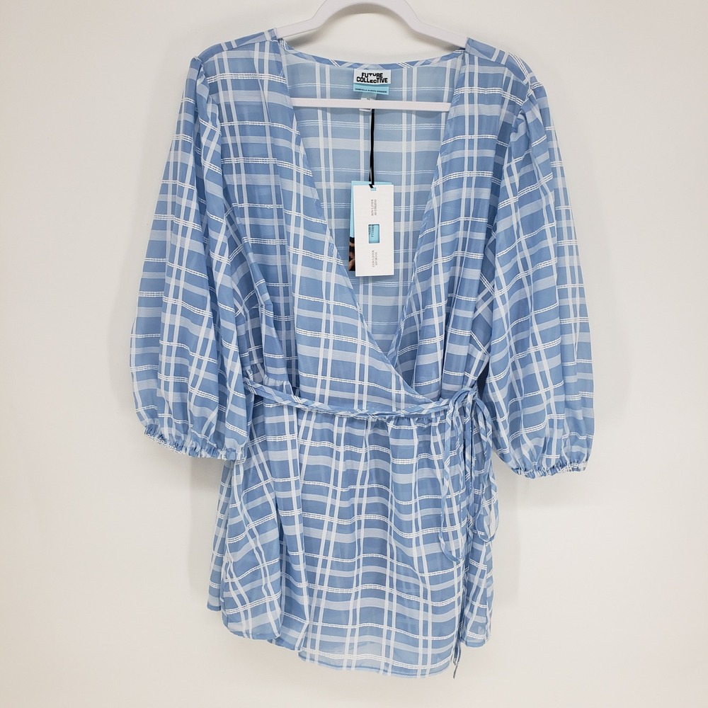 Future Collective Plaid Wrap Top Women 2X Blue White Sheer Balloon Sleeve NWT